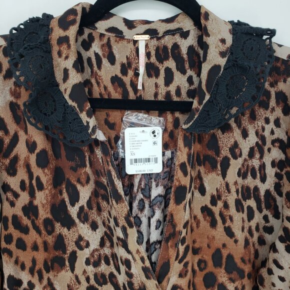 Free People My Love Leopard Print Blouse Top XS Lace Trim Cropped Black Brown - Picture 8 of 10